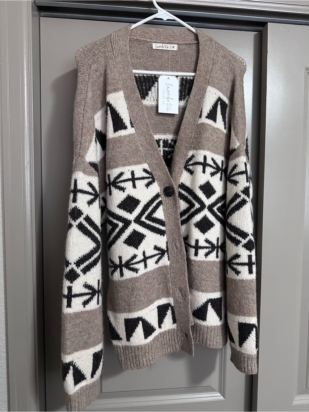 Taupe Geo-Pattern V-Neck Cardigan